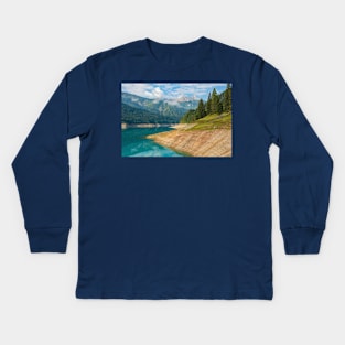 Low Water in Sauris Lake, North Italy Kids Long Sleeve T-Shirt